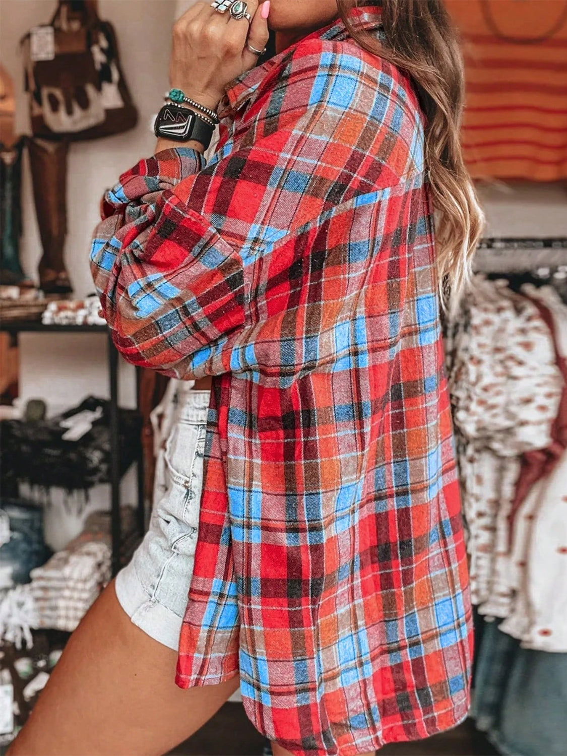 Plaid Collared Neck Long Sleeve Shirt - Charming Charlie