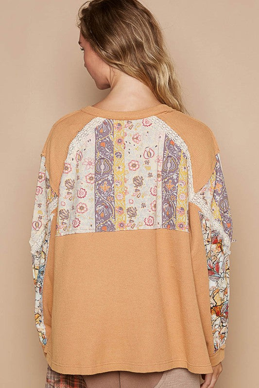 POL Waffle-Knit Lace Detail Round Neck Top - Charming Charlie