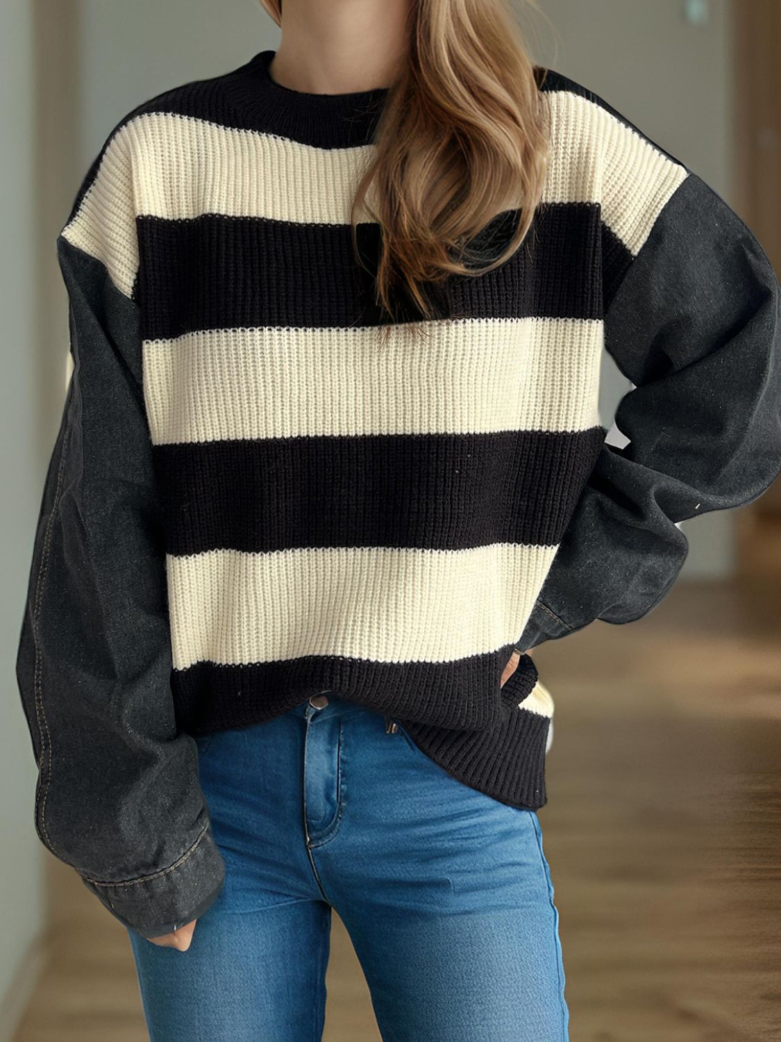Contrast Round Neck Long Sleeve Sweater - Charming Charlie