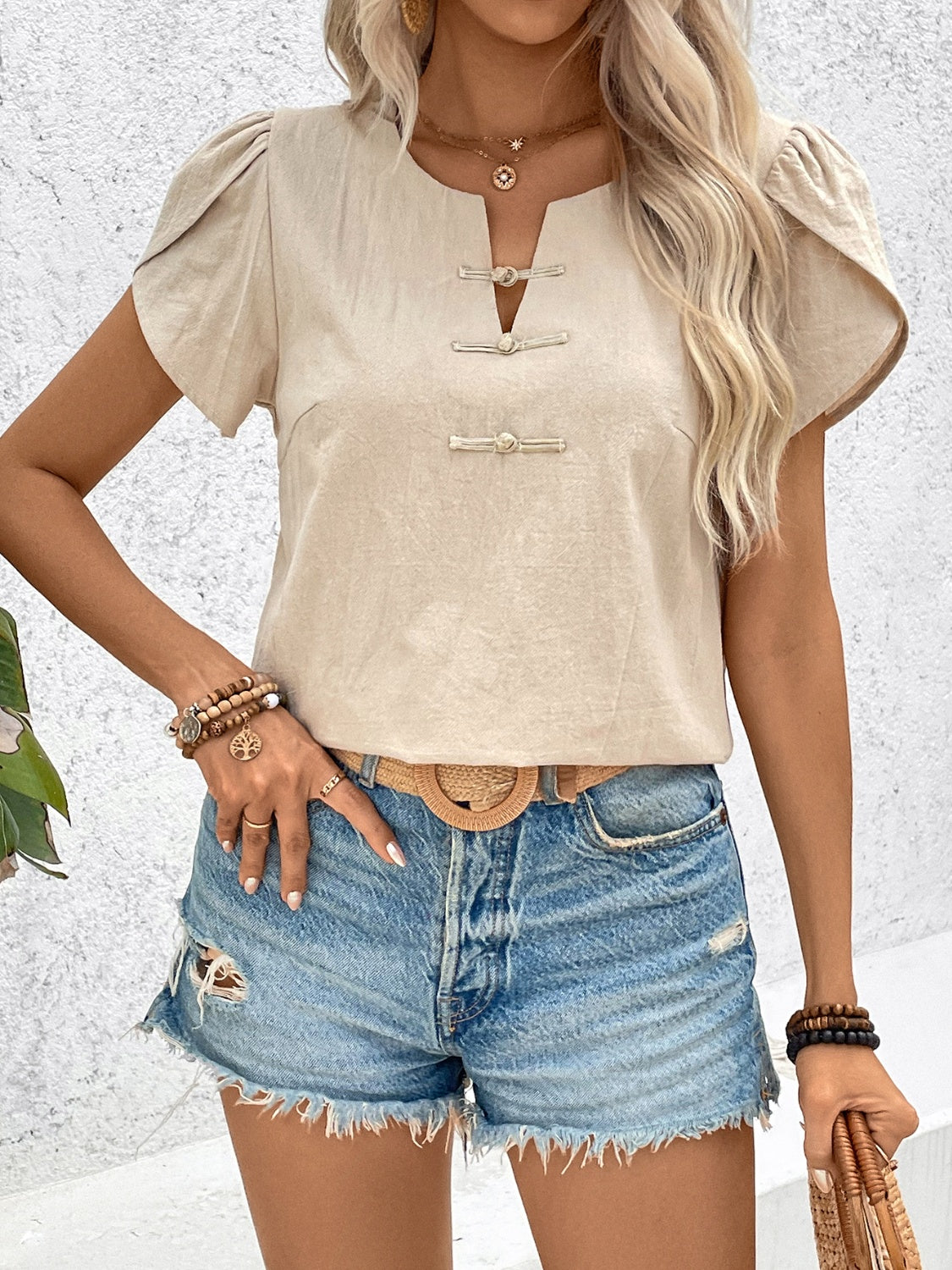 Notched Short Sleeve Blouse - Charming Charlie