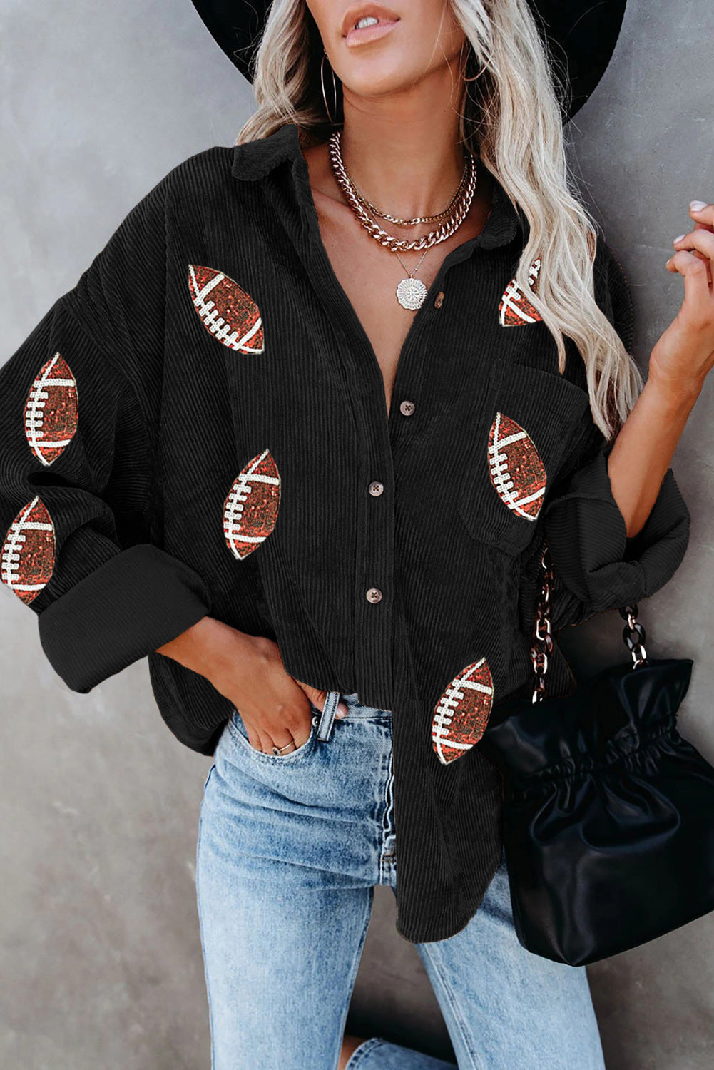 Sequin Football Button Up Long Sleeve Jacket - Charming Charlie