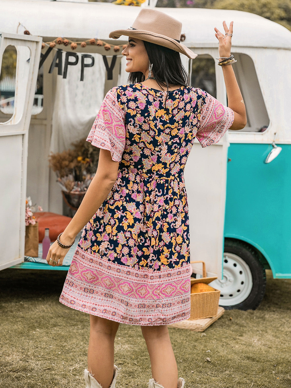 Printed V-Neck Short Sleeve Dress - Charming Charlie