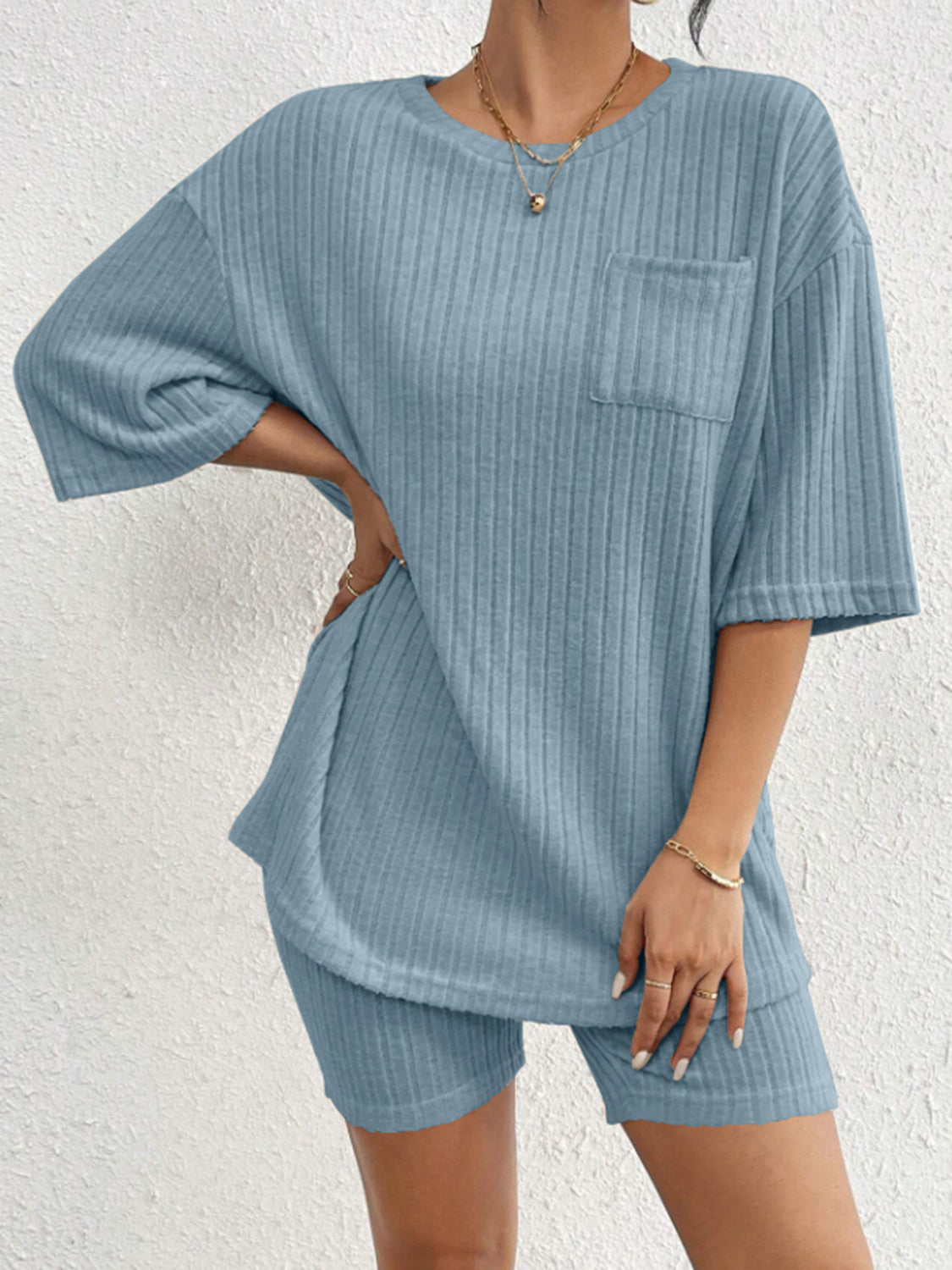 Ribbed Round Neck Top and Shorts Set - Charming Charlie