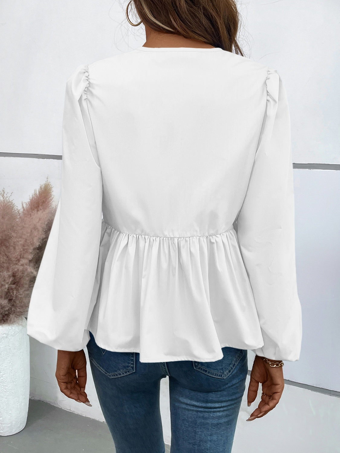 Peplum Tied Long Sleeve Blouse - Charming Charlie