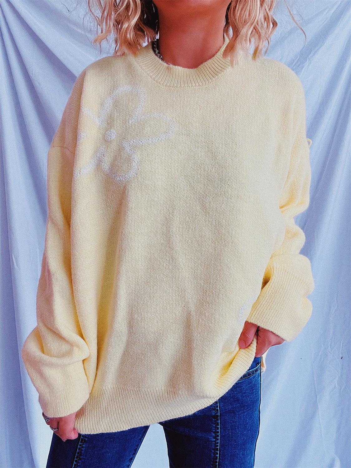 Flower Round Neck Long Sleeve Sweater - Charming Charlie