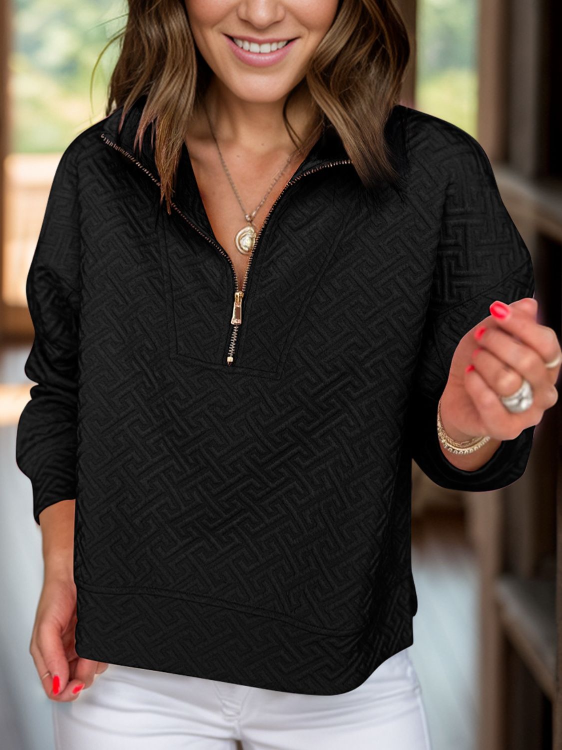 Textured Half Zip Long Sleeve Sweatshirt - Charming Charlie