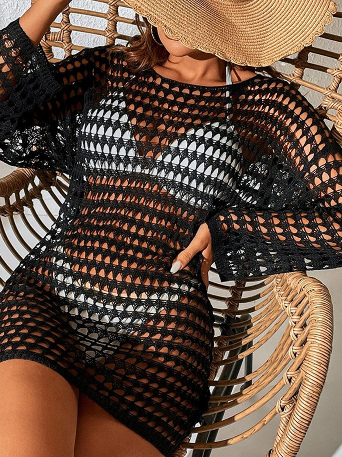 Openwork Boat Neck Long Sleeve Cover-Up - Charming Charlie