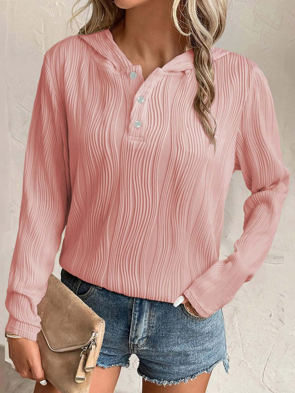 Textured Long Sleeve Hoodie - Charming Charlie