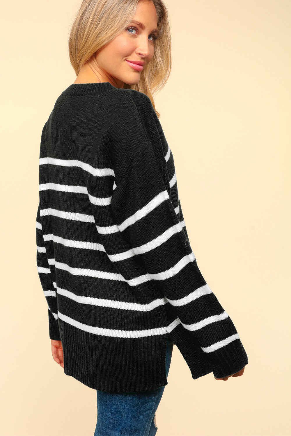 Haptics Full Size Striped Contrast Side Slit Sweater - Charming Charlie