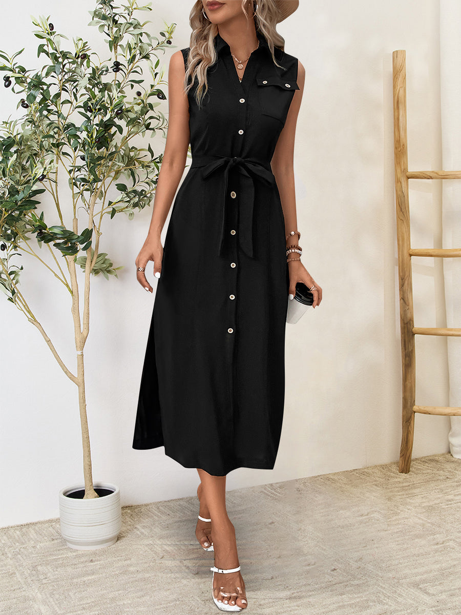 Asymmetrical Button-Up Sleeveless Dress