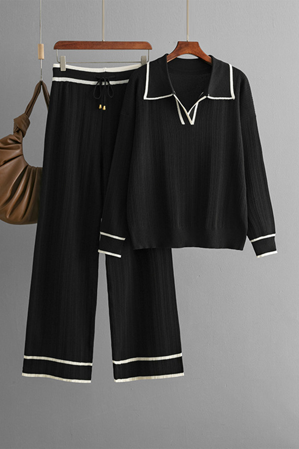 Contrast Trim Johnny Collar Top and Drawstring Pants Sweater Set - Charming Charlie