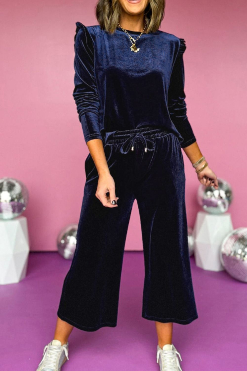 Frill Round Neck Long Sleeve Top and Pants Set - Charming Charlie