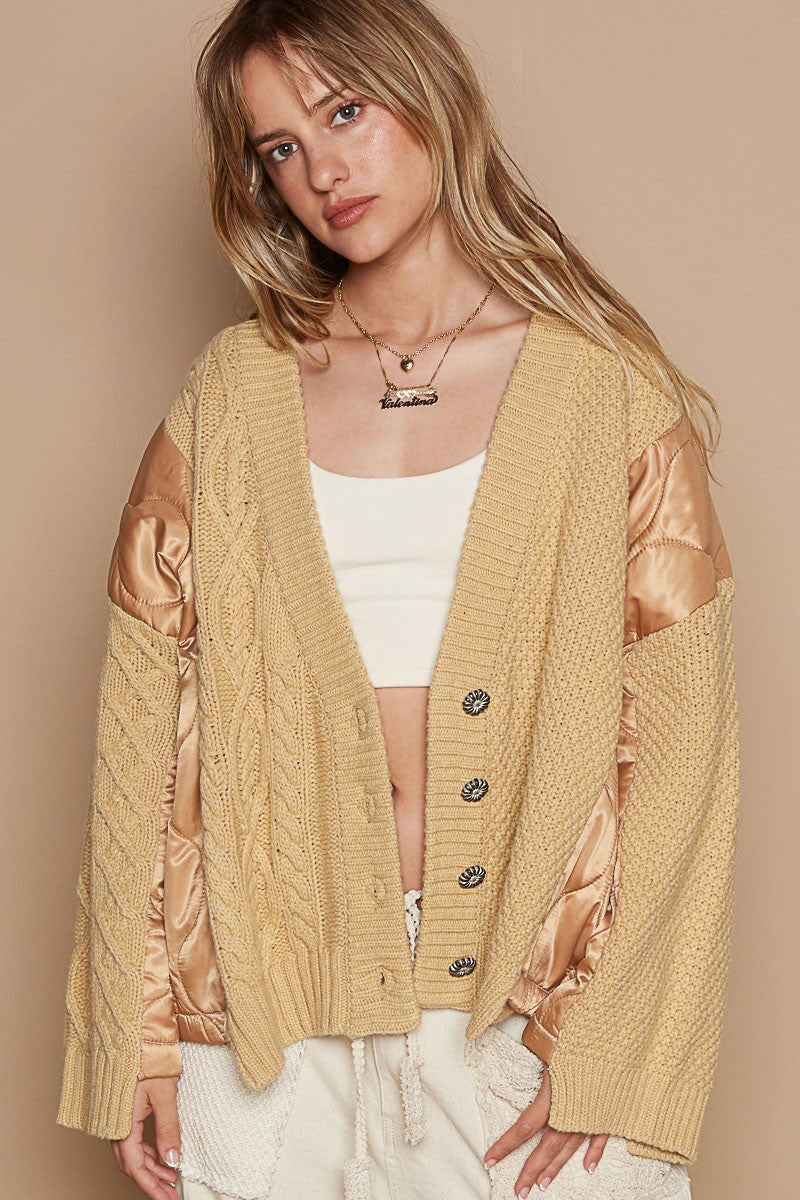 POL Quilting Patch Button Up Cable Knit Jacket - Charming Charlie