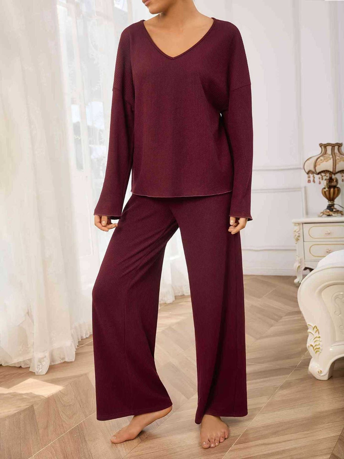 V-Neck Long Sleeve Top and Wide Leg Pants Set - Charming Charlie