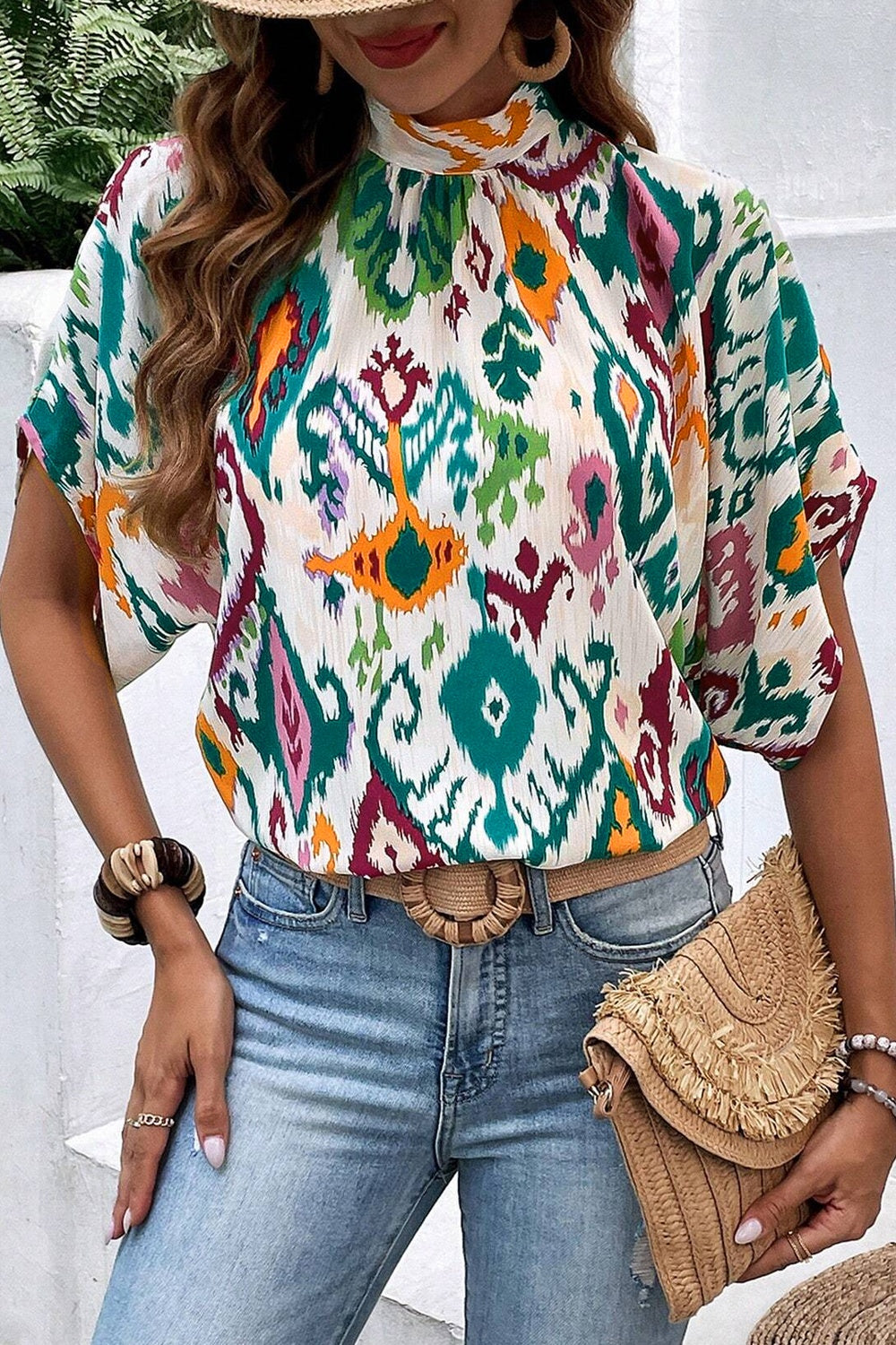 Printed Mock Neck Half Sleeve Blouse - Charming Charlie