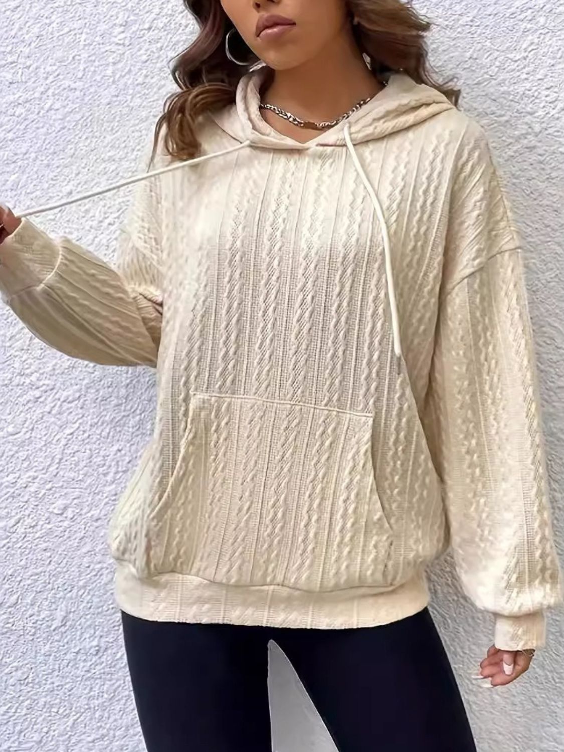 Drawstring Texture Long Sleeve Hoodie - Charming Charlie