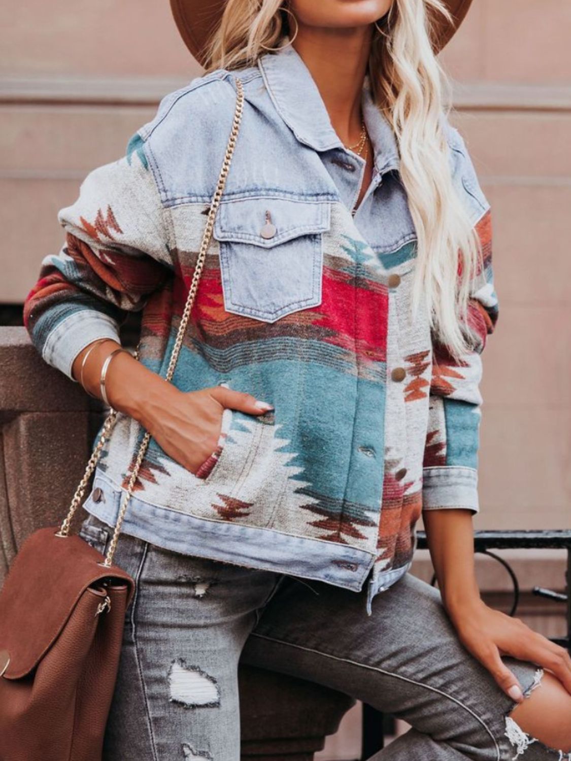 Geometric Button Up Long Sleeve Denim Jacket - Charming Charlie