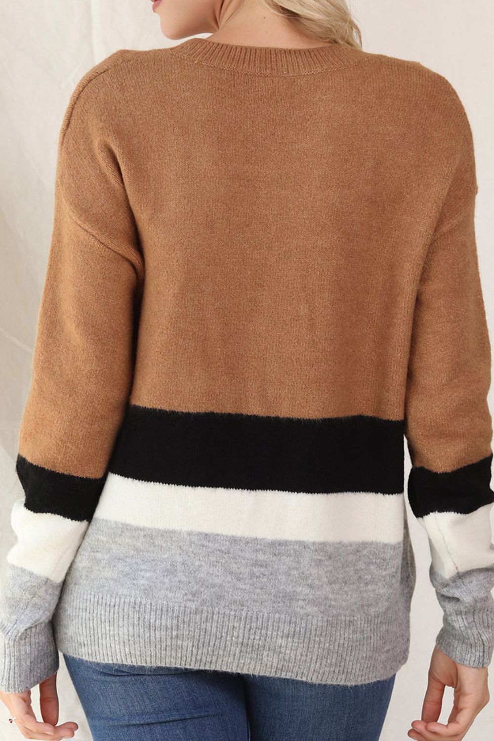Color Block Round Neck Dropped Shoulder Sweater - Charming Charlie
