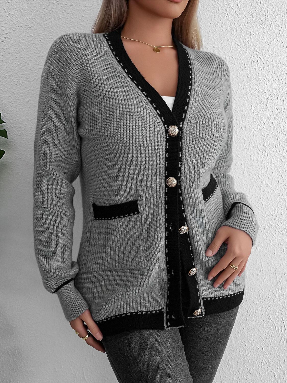 Contrast Trim Button Up Long Sleeve Cardigan - Charming Charlie