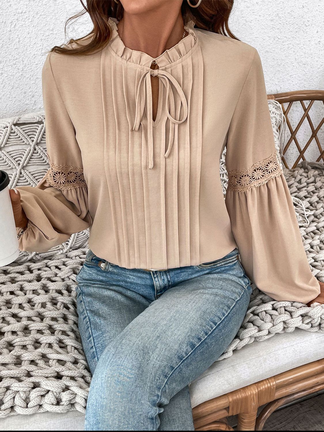 Perfee Frill Tie Neck Long Sleeve Blouse - Charming Charlie