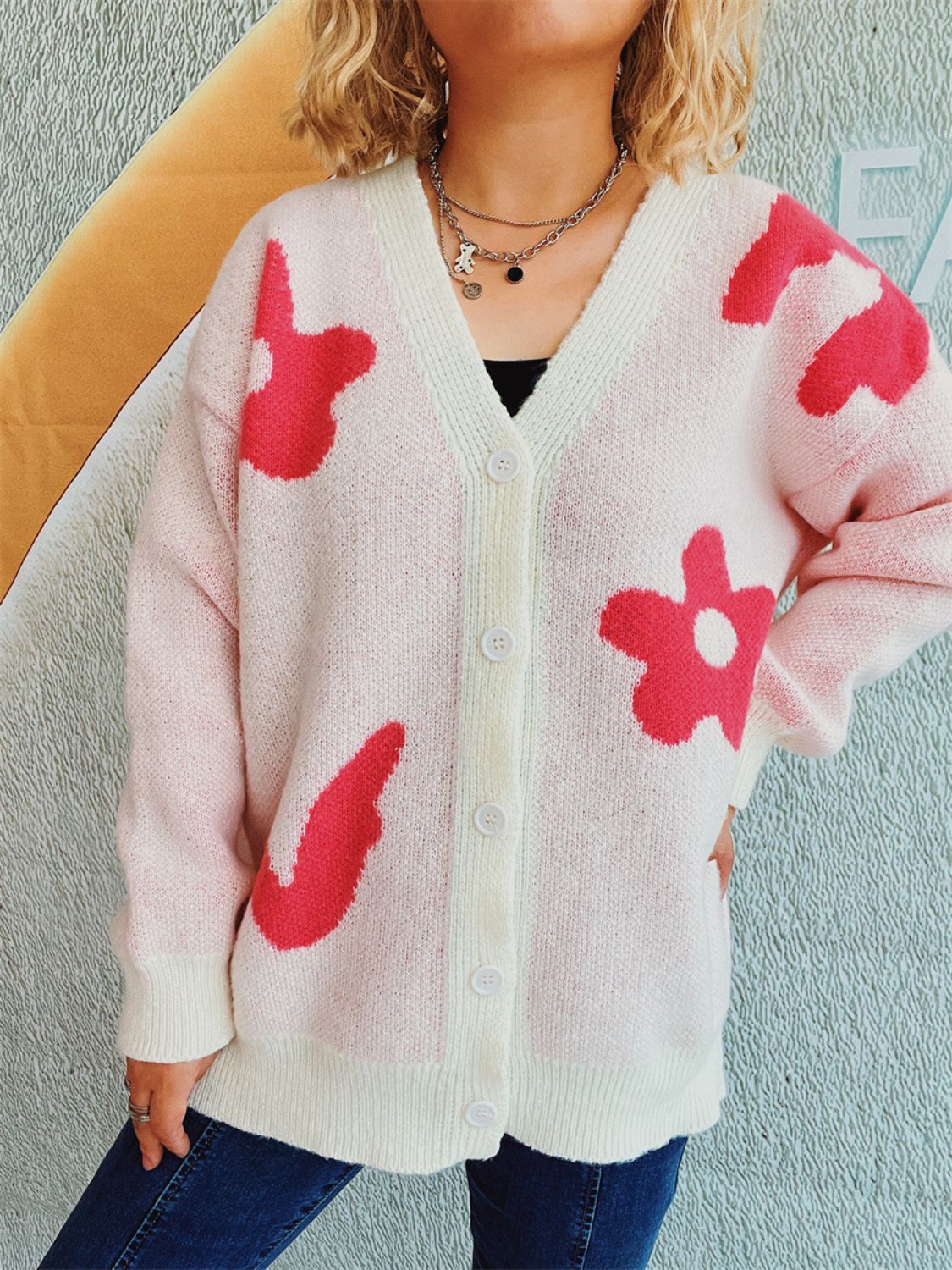 Flower Button Down V-Neck Long Sleeve Cardigan - Charming Charlie