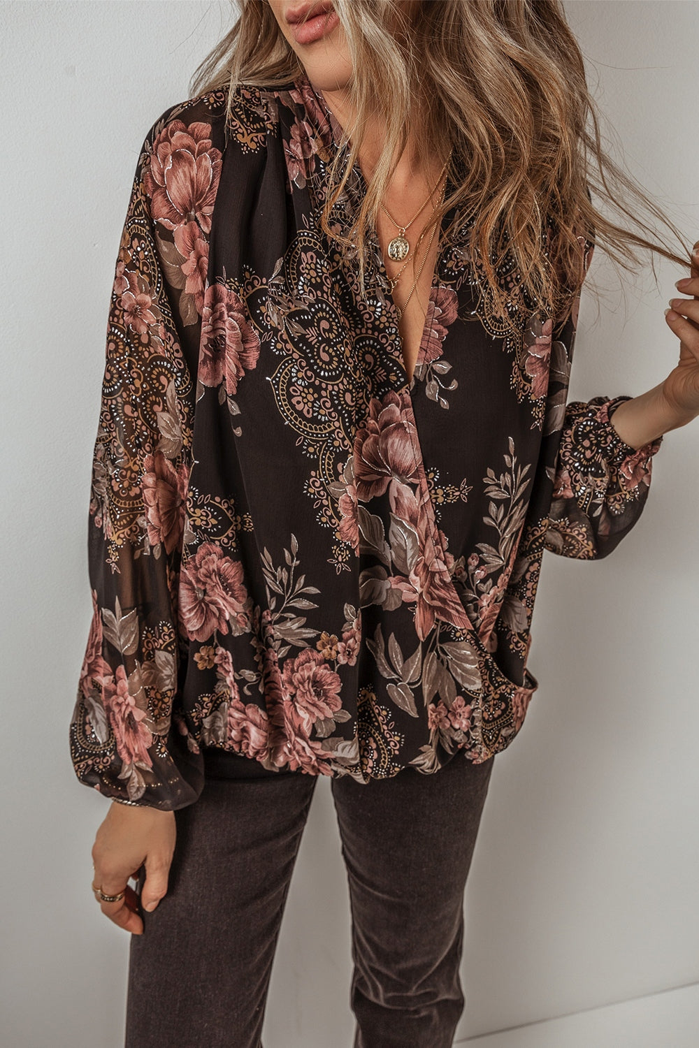 Printed Surplice Long Sleeve Blouse - Charming Charlie