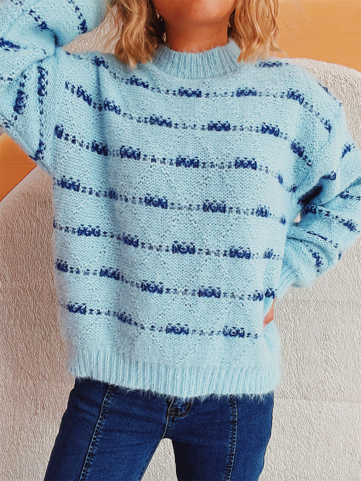 Striped Round Neck Long Sleeve Sweater - Charming Charlie