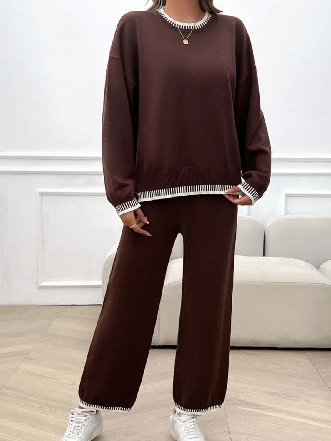 Round Neck Dropped Shoulder Top and Pants Sweater Set - Charming Charlie