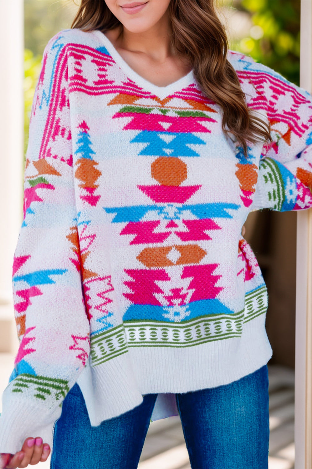 Geometric V-Neck Long Sleeve Sweater - Charming Charlie