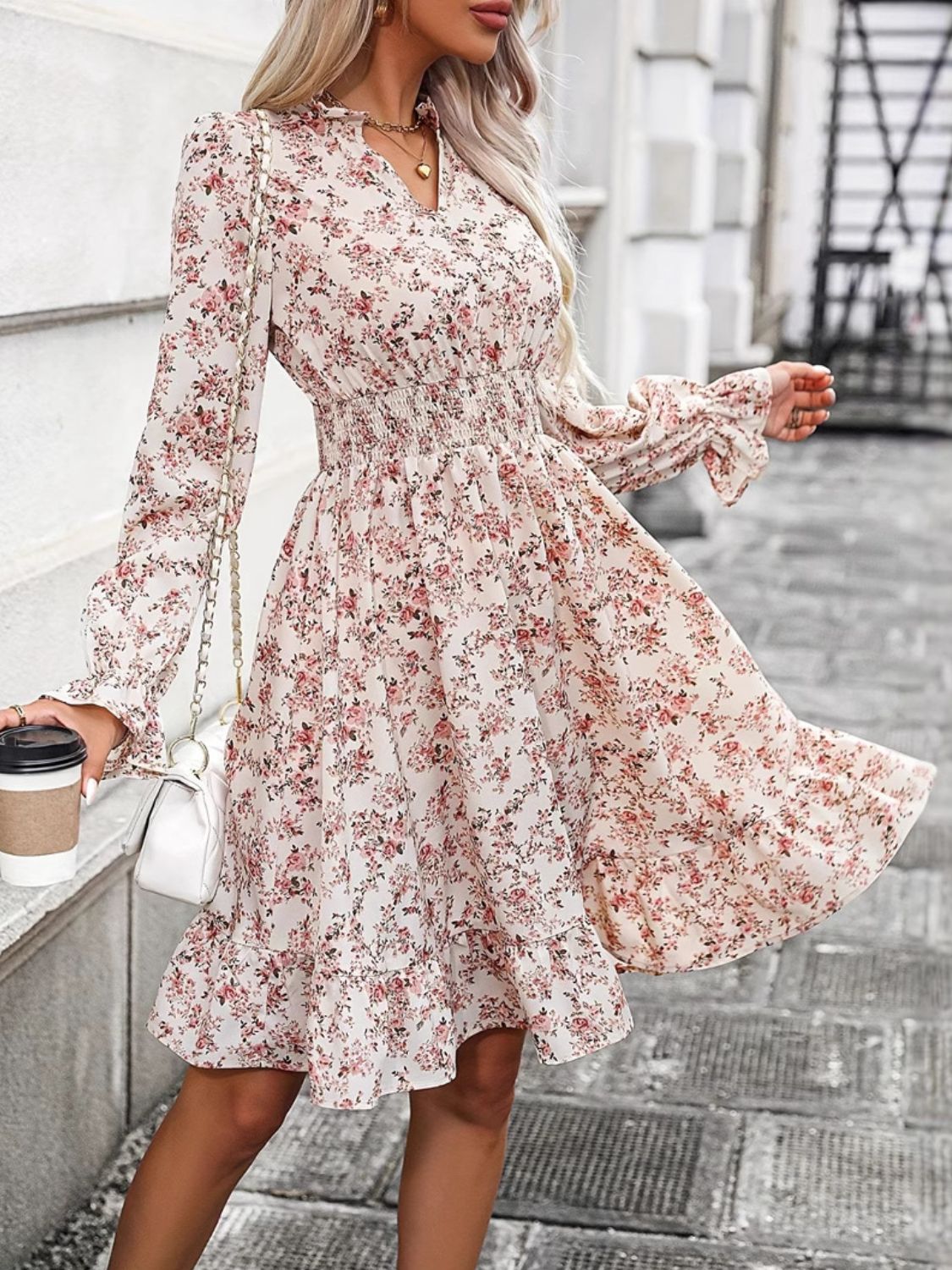 Ruffle Hem Floral Surplice Long Sleeve Dress - Charming Charlie