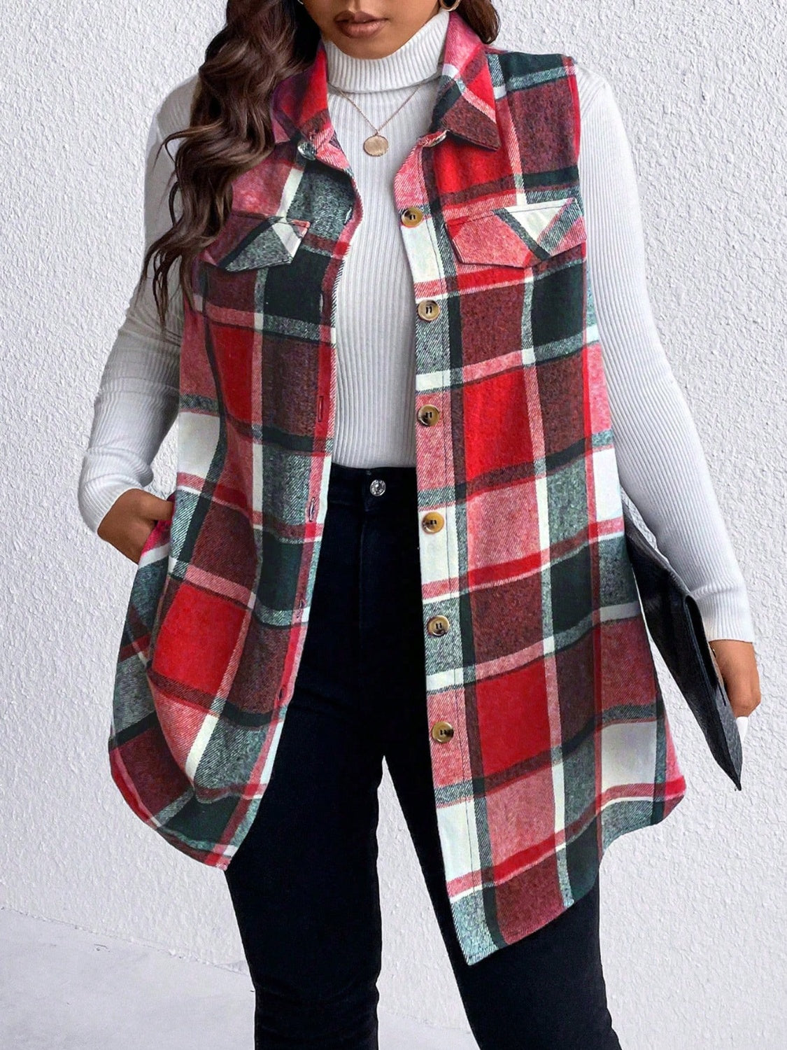 Honey Plus Size Pocketed Plaid Button Up Vest Coat - Charming Charlie
