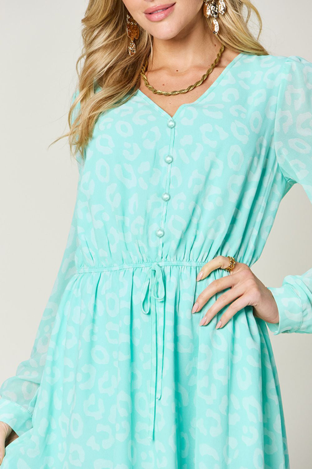 Double Take Full Size Printed Ruched V-Neck Long Sleeve Dress - Charming Charlie