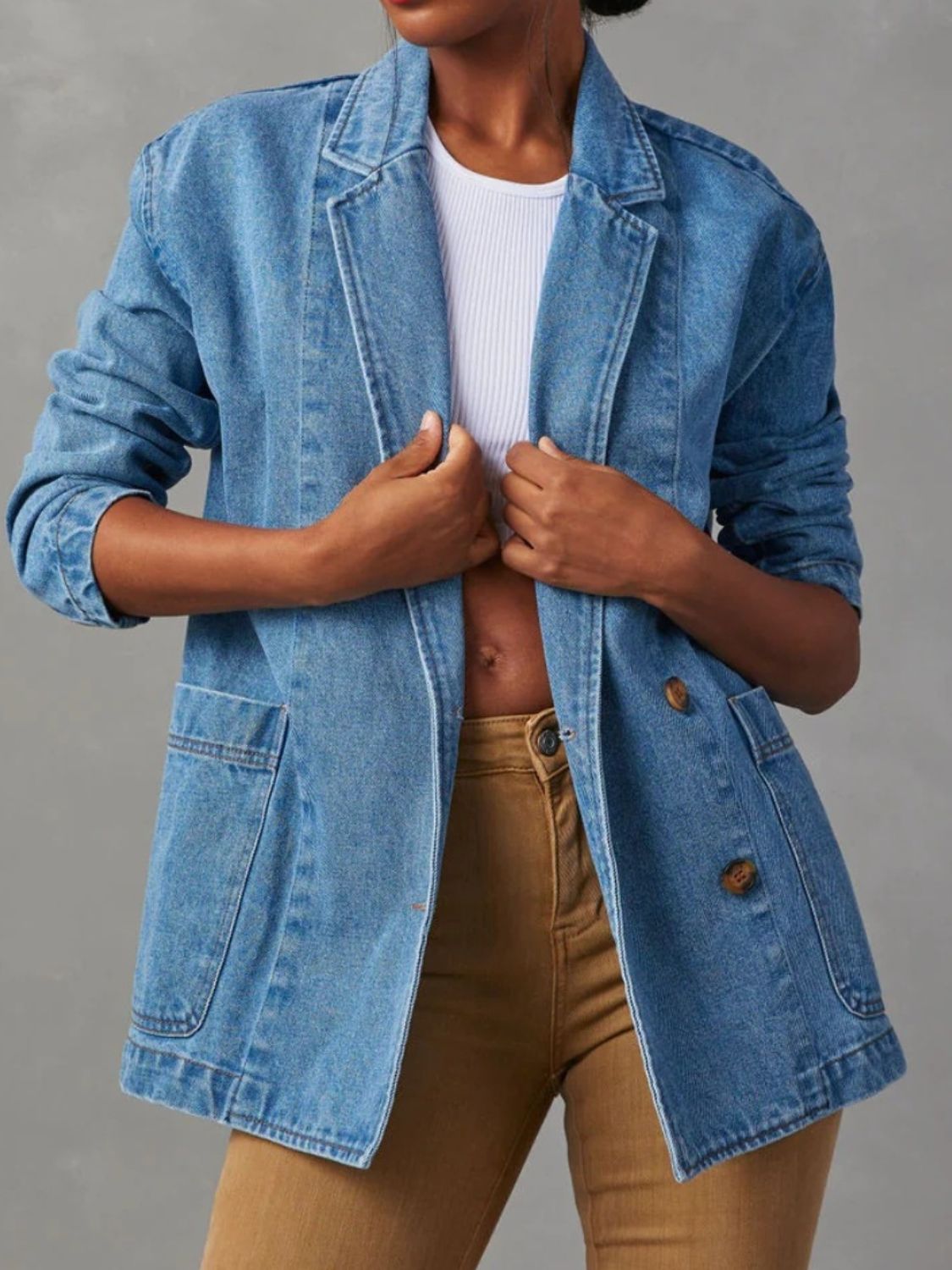 Pocketed Lapel Collar Long Sleeve Denim Jacket - Charming Charlie