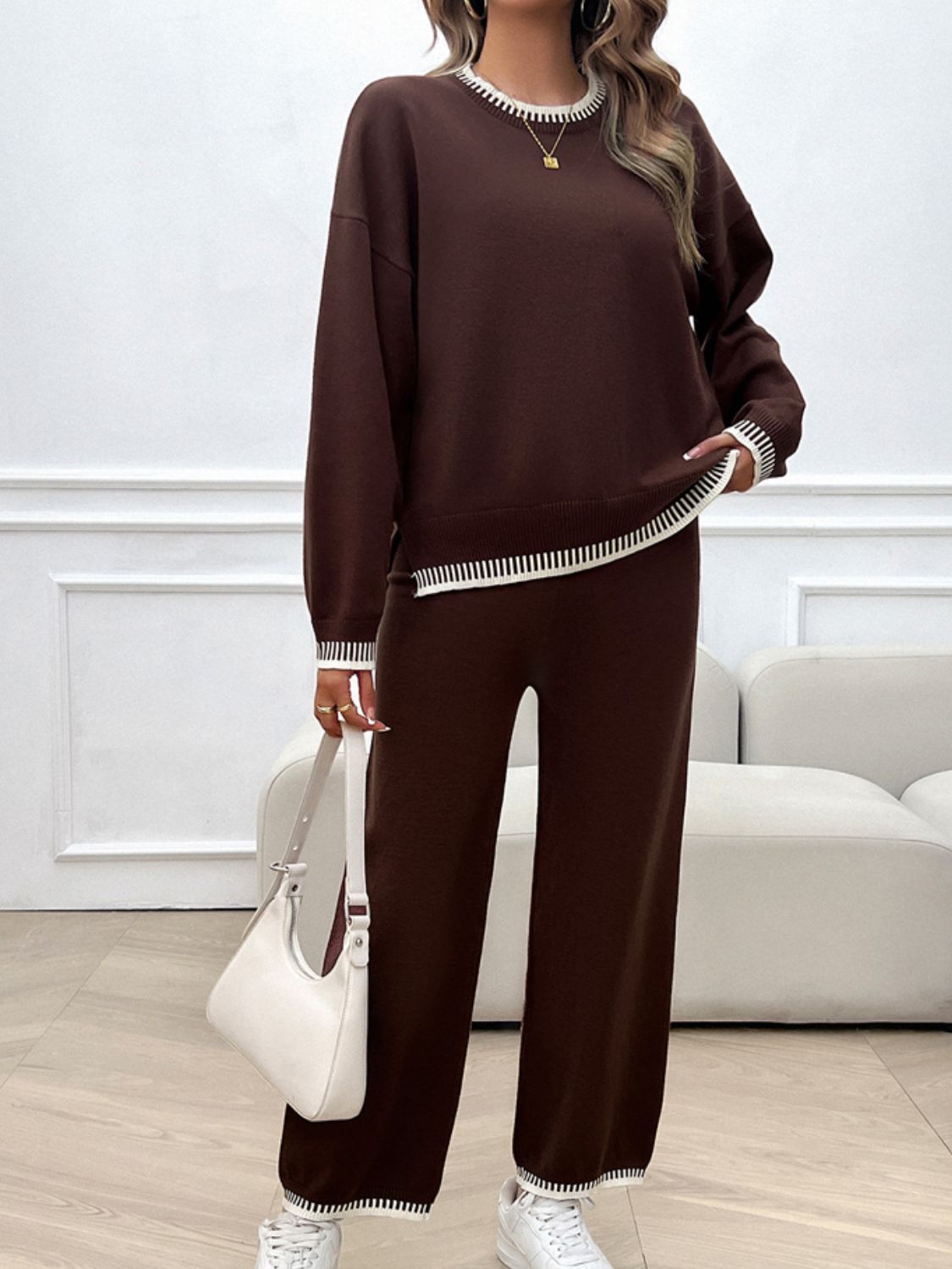 Round Neck Dropped Shoulder Top and Pants Sweater Set - Charming Charlie