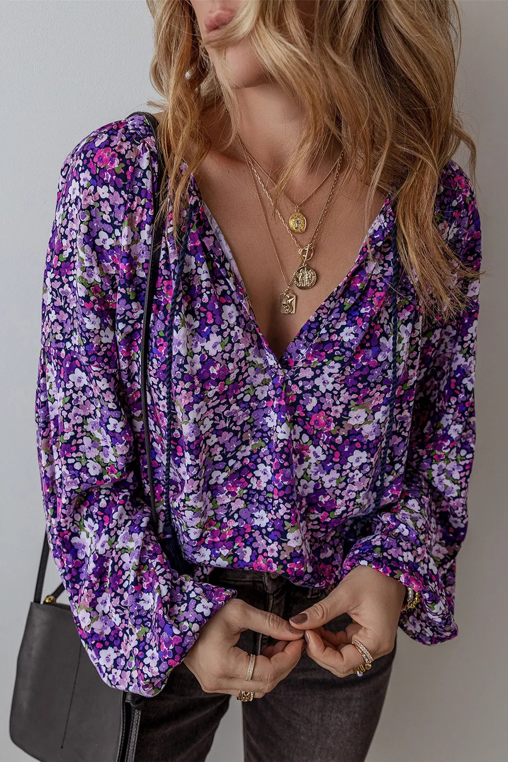 Floral Tie Neck Long Sleeve Blouse - Charming Charlie