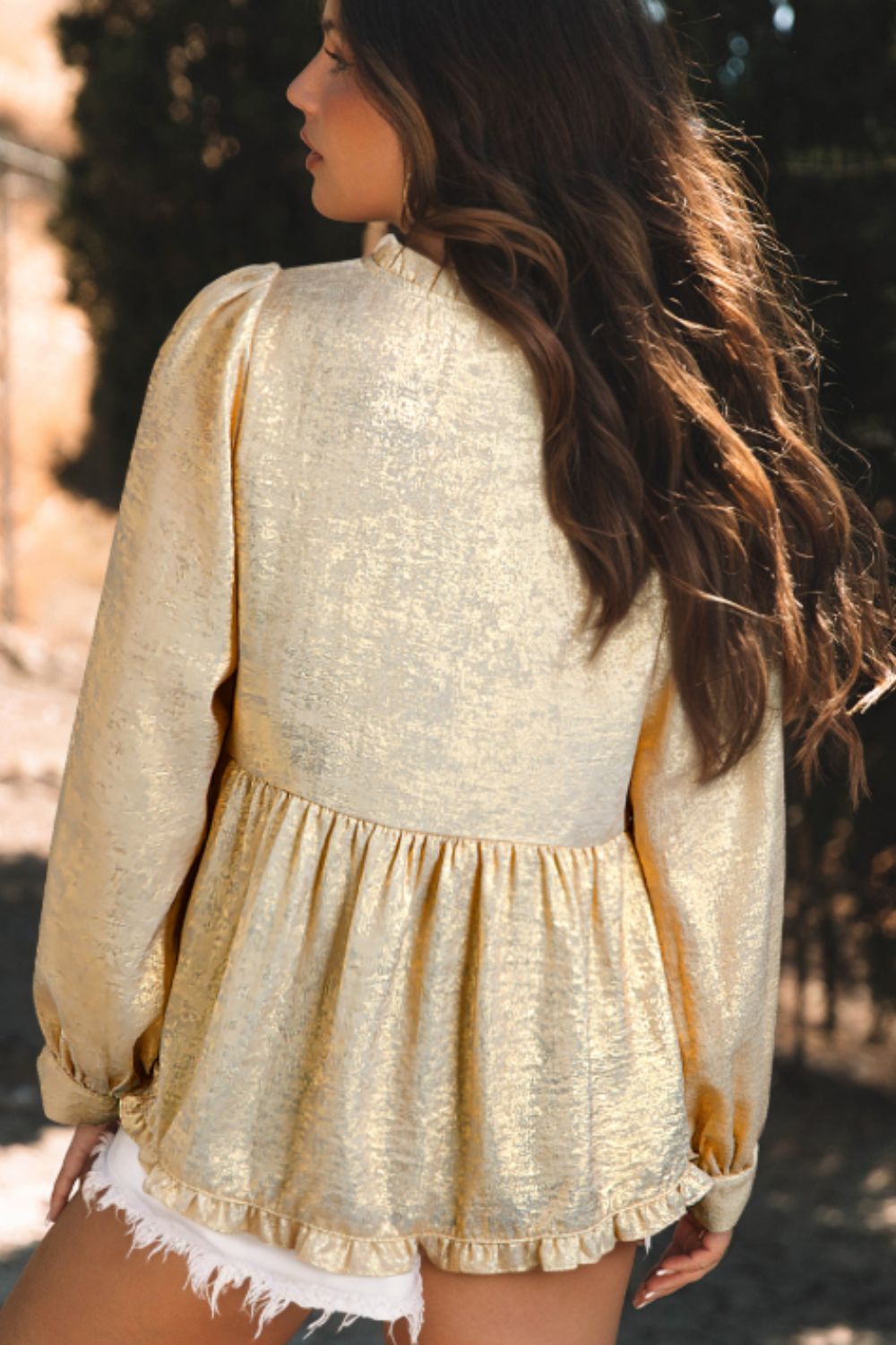 Frill Peplum V-Neck Long Sleeve Blouse - Charming Charlie