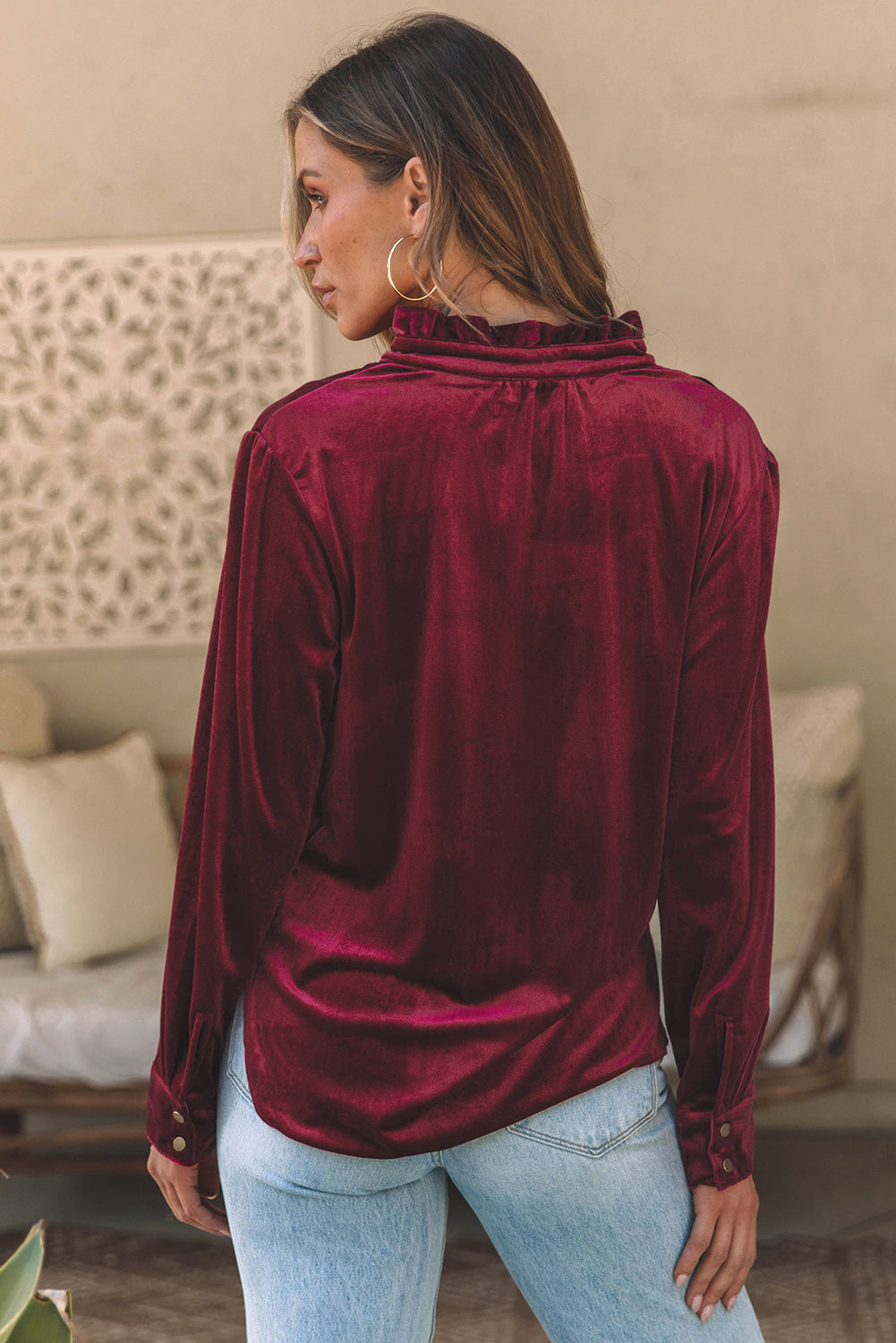 Frill Half Button Mock Neck Long Sleeve Blouse - Charming Charlie