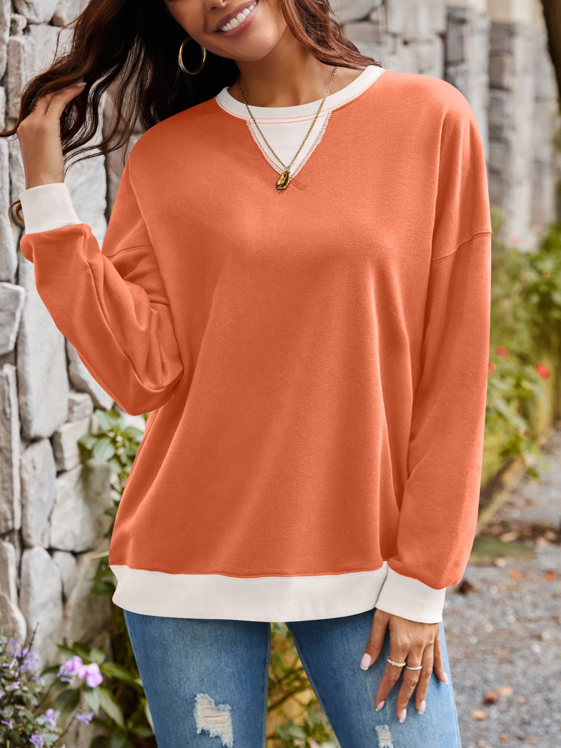 Contrast Round Neck Long Sleeve Sweatshirt - Charming Charlie