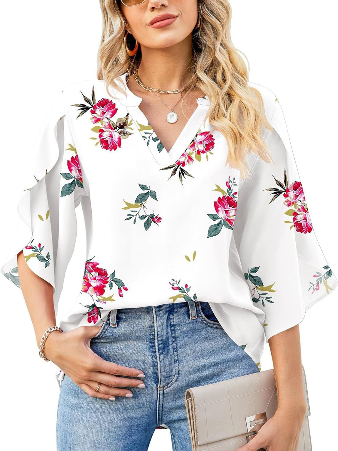 Printed Notched Half Sleeve Blouse - Charming Charlie