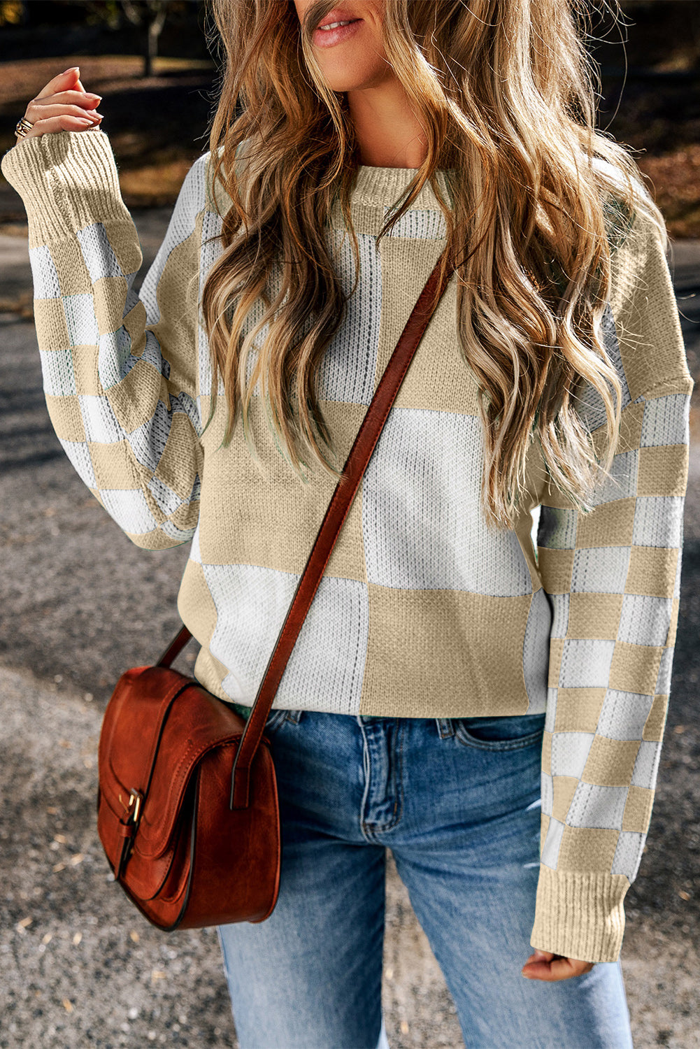Checkered Round Neck Drop Shoulder Sweater - Charming Charlie
