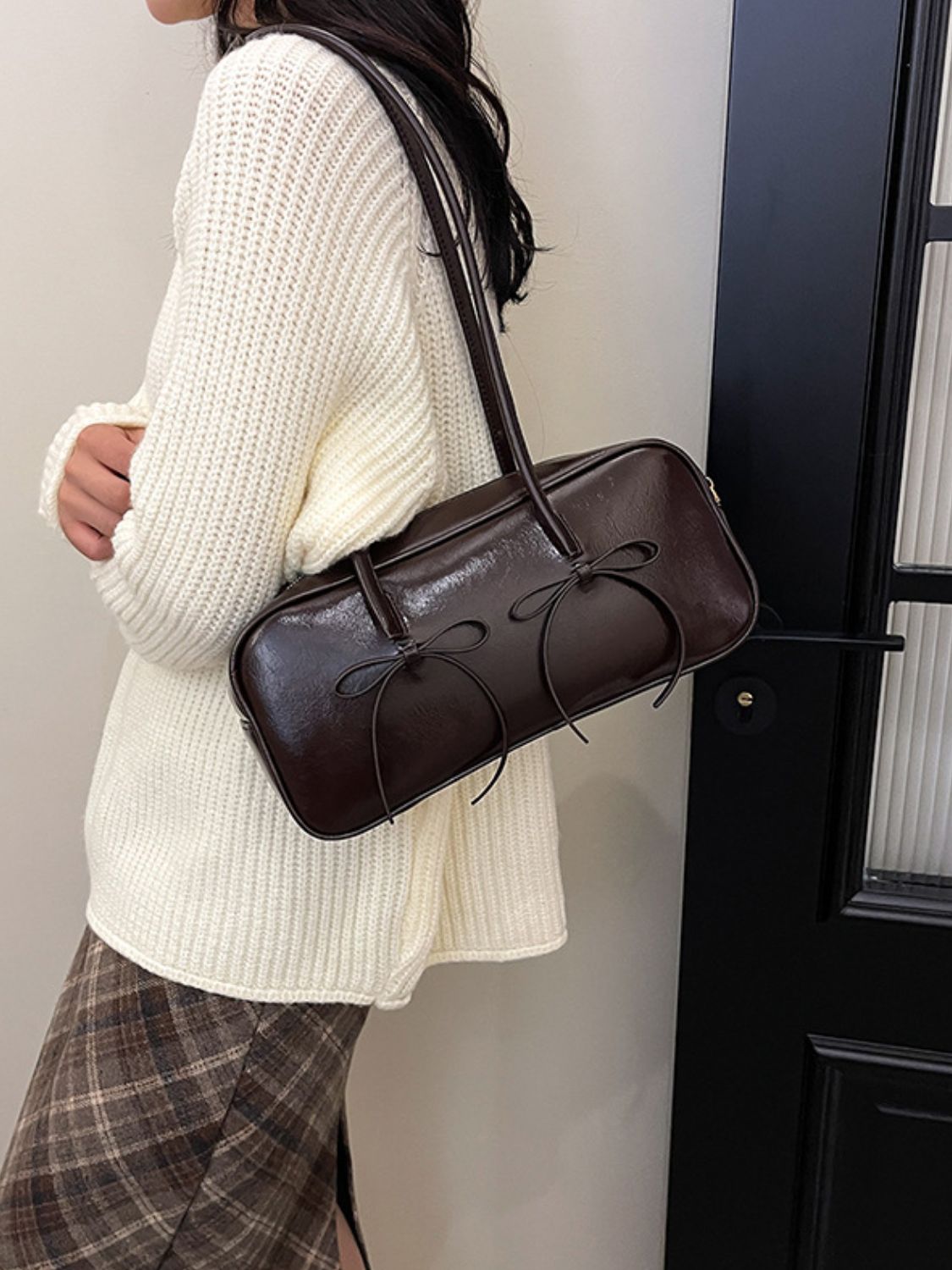 PU Leather Bow Trim Shoulder Bag - Charming Charlie