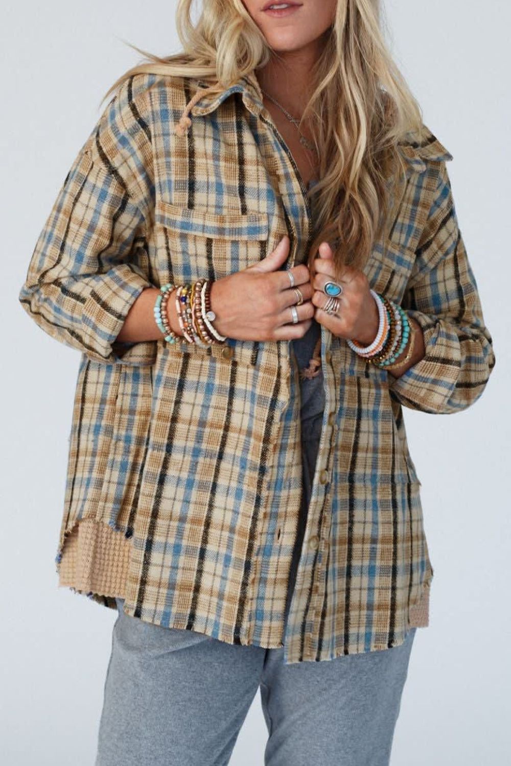Drawstring Waffle Knit Patchwork Hooded Plaid Shacket - Charming Charlie