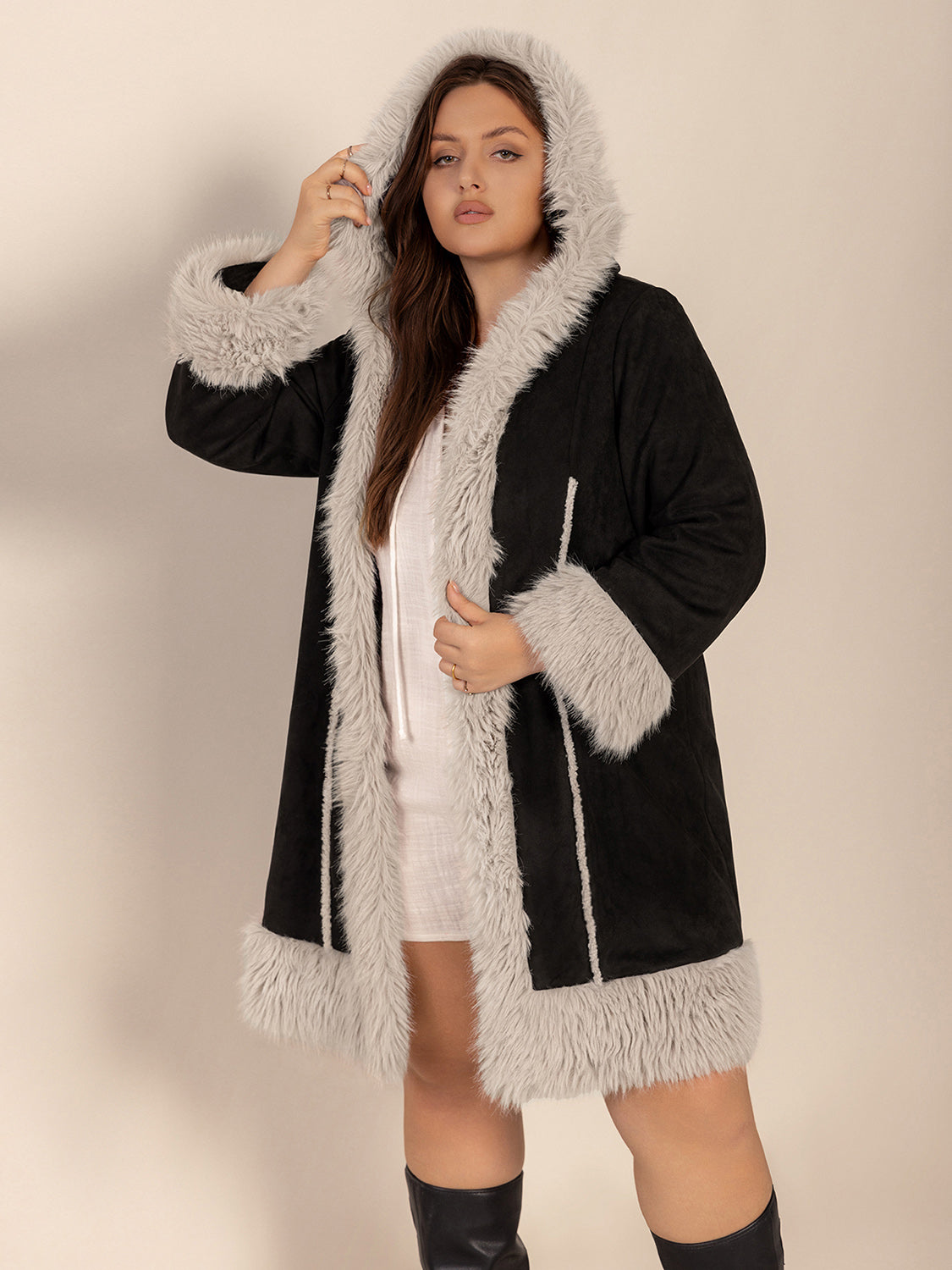 Plus Size Fuzzy Trim Open Front Long Sleeve Hooded Coat - Charming Charlie