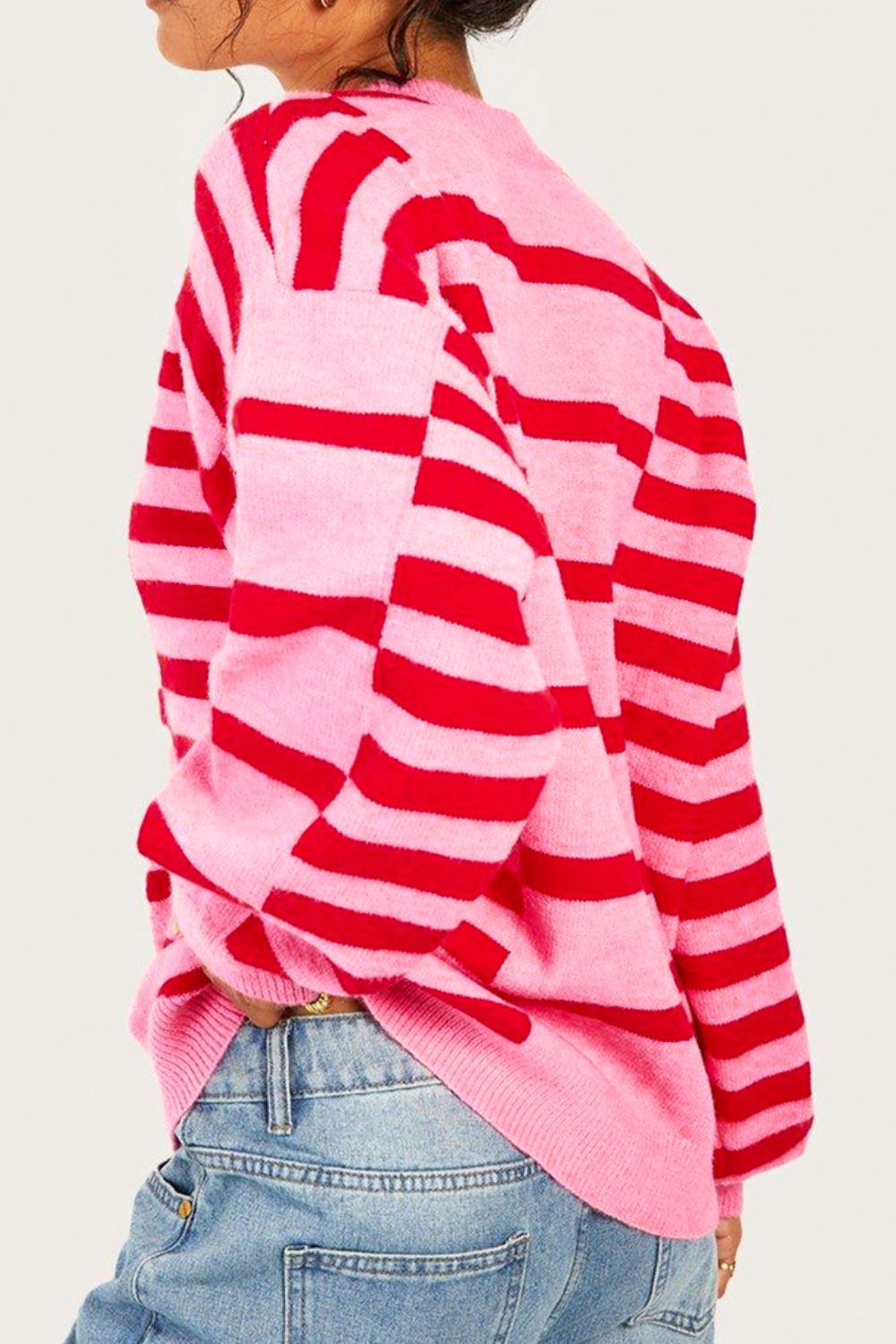 Striped Round Neck Dropped Shoulder Sweater - Charming Charlie