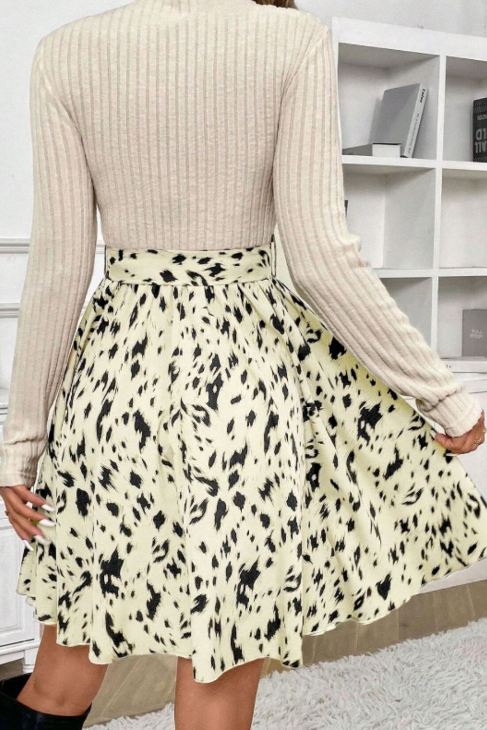 Printed Tie Waist Mock Neck Long Sleeve Dress - Charming Charlie