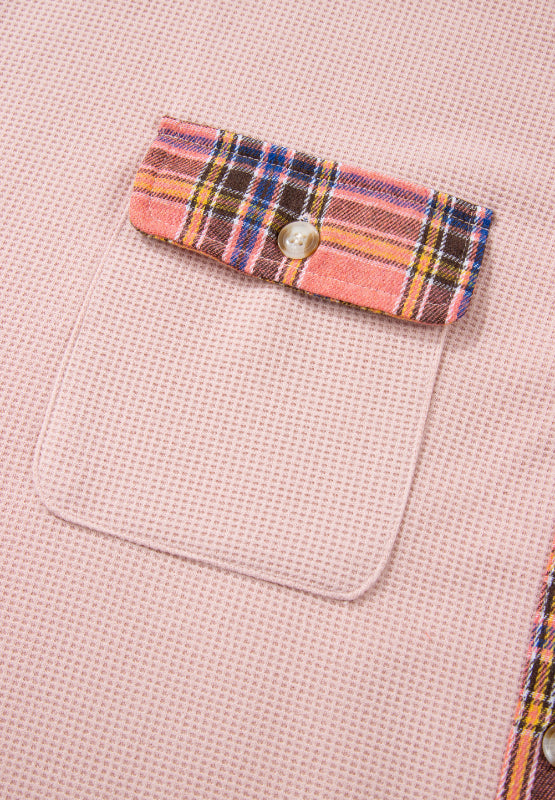 Waffle Knit Plaid Patchwork Drawstring Hooded Shacket - Charming Charlie
