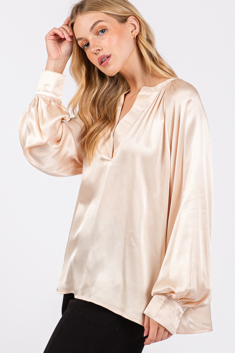 SAGE + FIG Notched Long Sleeve Blouse - Charming Charlie