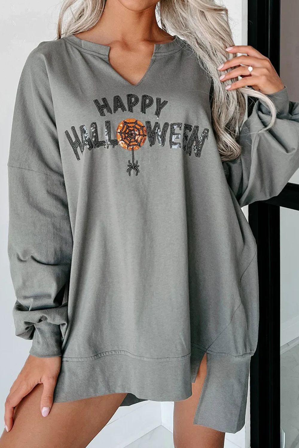 Sequin Letter Graphic Notched Long Sleeve Sweatshirt - Charming Charlie