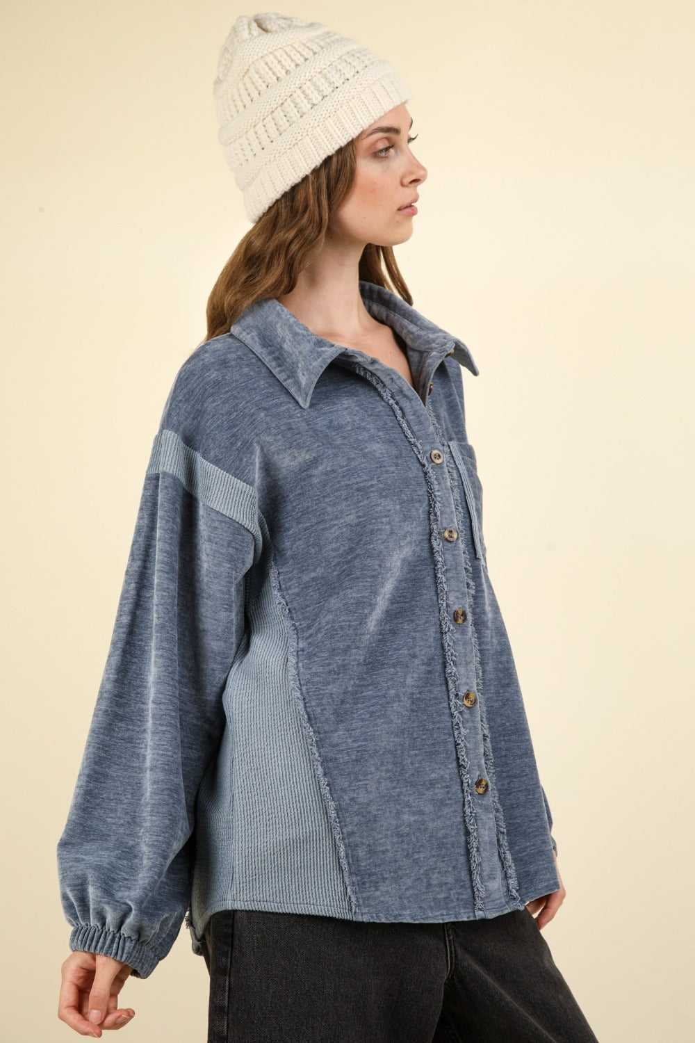 VERY J Mixed Media Button Down Raw Hem Shacket - Charming Charlie