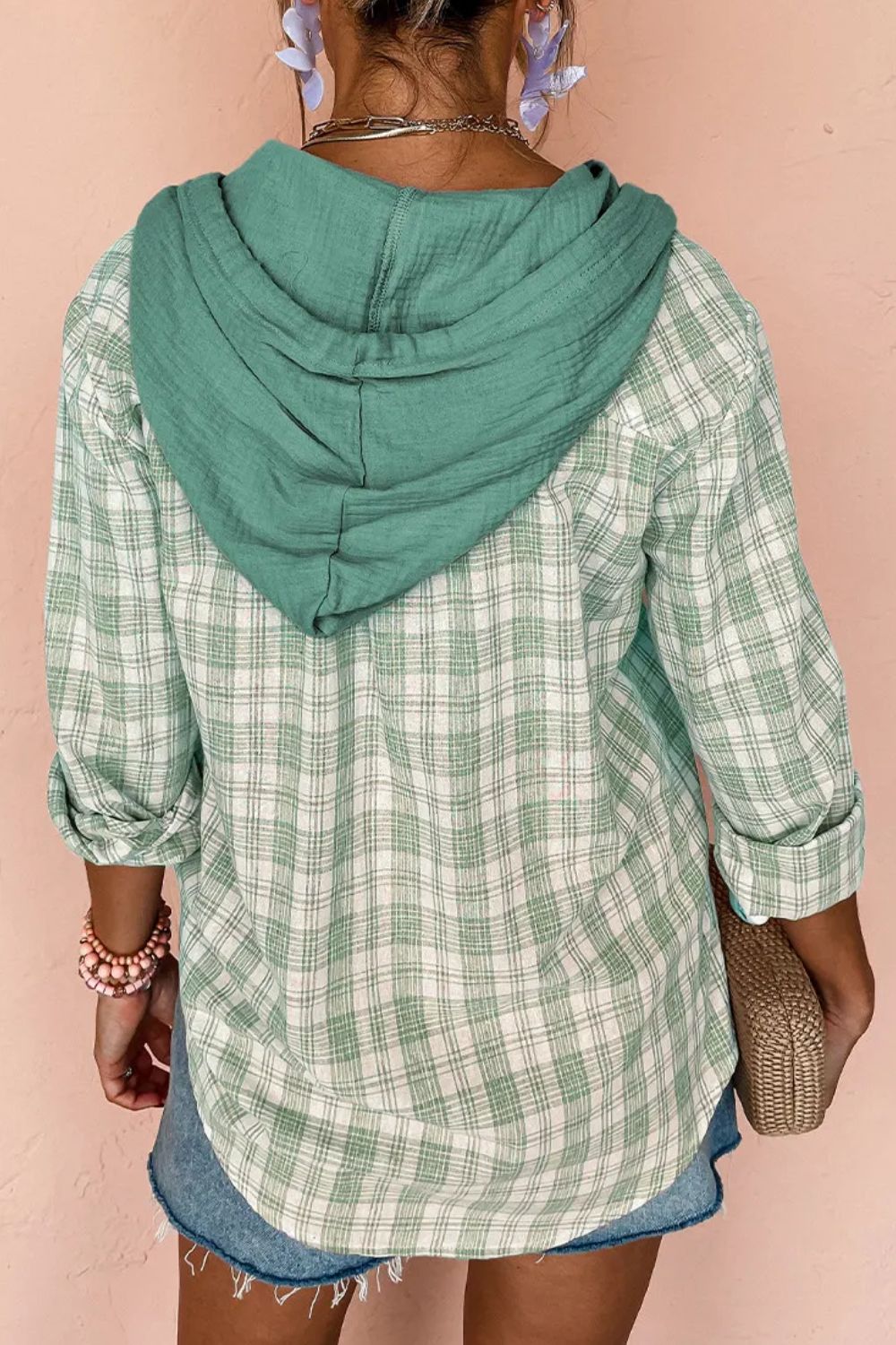 Drawstring Button Up Hooded Jacket - Charming Charlie